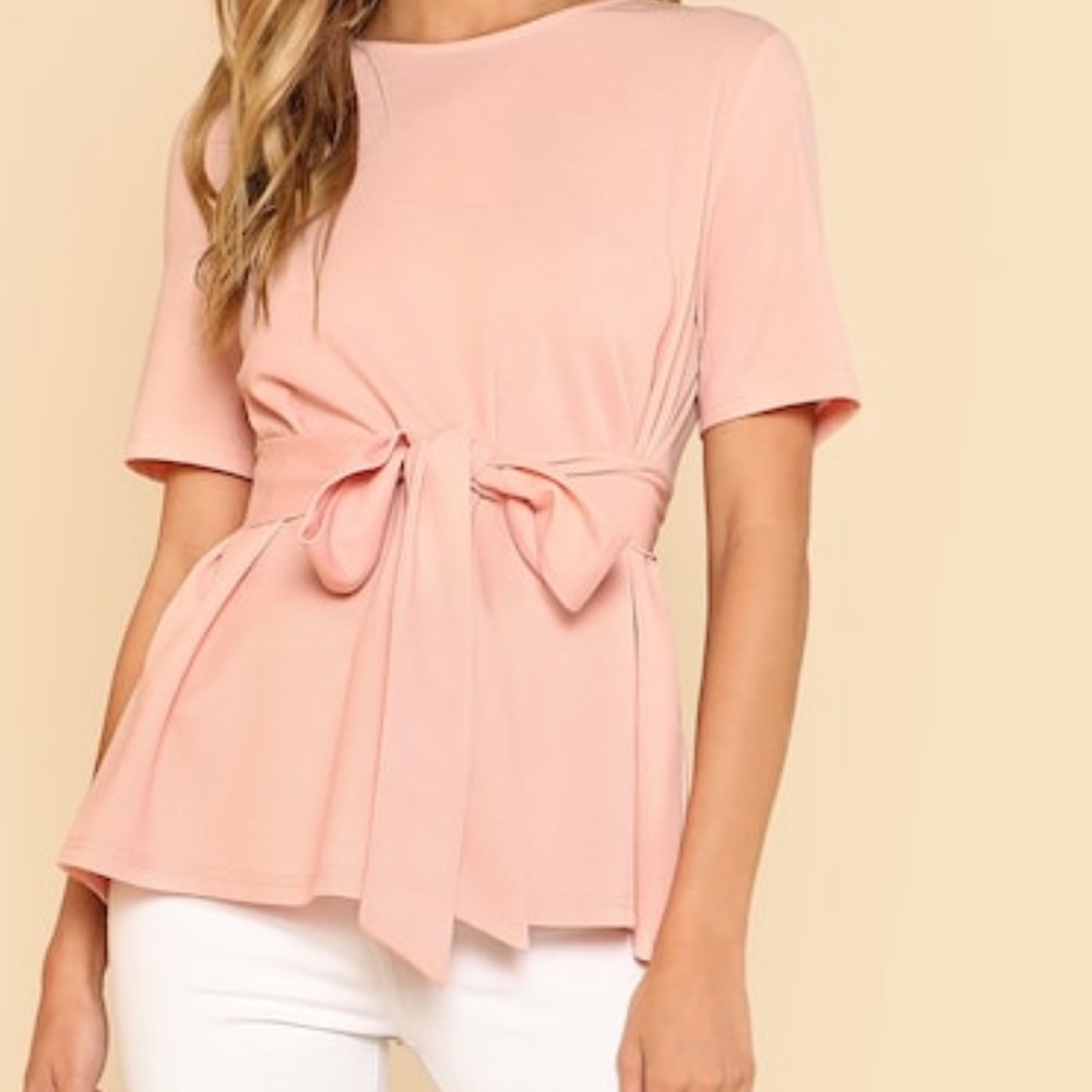 Self Belt Keyhole Back Solid Top Pink Pastel